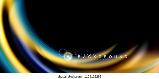 Los efectos de la luz brillante de color sobre la forma ondulada de color negro y líquido. Ilustración artística para presentación, fondo de pantalla de aplicación, pancarta o afiche, diseño geométrico