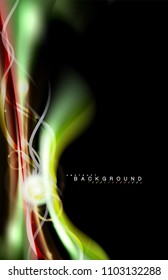 Los efectos de la luz brillante de color sobre la forma ondulada de color negro y líquido. Ilustración artística para presentación, fondo de pantalla de aplicación, pancarta o afiche, diseño geométrico