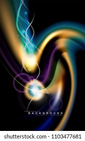 Los efectos de la luz brillante de color sobre la forma ondulada de color negro y líquido. Ilustración artística para presentación, fondo de pantalla de aplicación, pancarta o afiche, diseño geométrico