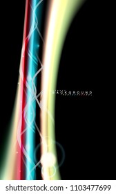 Los efectos de la luz brillante de color sobre la forma ondulada de color negro y líquido. Ilustración artística para presentación, fondo de pantalla de aplicación, pancarta o afiche, diseño geométrico
