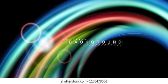 Color shiny light effects on black, liquid style multicolored wavy shape. Artistic illustration for presentation, app wallpaper, banner or poster, geometric design
