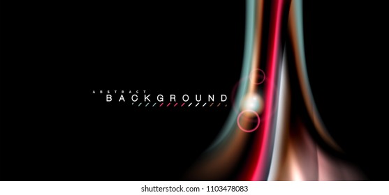 Farbglänzende Lichteffekte auf schwarz, flüssig-farbige, gewellte Form. Künstliche Illustration für Präsentationen, App-Bildschirmhintergrund, Banner oder Poster, geometrisches Design