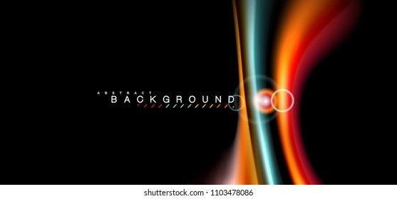 Los efectos de la luz brillante de color sobre la forma ondulada de color negro y líquido. Ilustración artística para presentación, fondo de pantalla de aplicación, pancarta o afiche, diseño geométrico