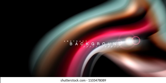 Color shiny light effects on black, liquid style multicolored wavy shape. Artistic illustration for presentation, app wallpaper, banner or poster, geometric design