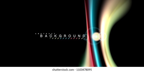 Los efectos de la luz brillante de color sobre la forma ondulada de color negro y líquido. Ilustración artística para presentación, fondo de pantalla de aplicación, pancarta o afiche, diseño geométrico