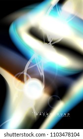 Color shiny light effects on black, liquid style multicolored wavy shape. Artistic illustration for presentation, app wallpaper, banner or poster, geometric design