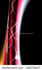 Los efectos de la luz brillante de color sobre la forma ondulada de color negro y líquido. Ilustración artística para presentación, fondo de pantalla de aplicación, pancarta o afiche, diseño geométrico