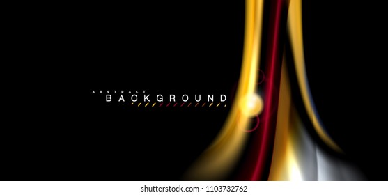 Farbglänzende Lichteffekte auf schwarz, flüssig-farbige, gewellte Form. Künstliche Illustration für Präsentationen, App-Bildschirmhintergrund, Banner oder Poster, geometrisches Design