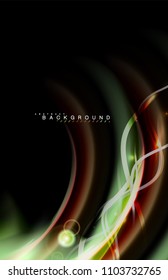 Color shiny light effects on black, liquid style multicolored wavy shape. Artistic illustration for presentation, app wallpaper, banner or poster, geometric design