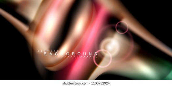 Los efectos de la luz brillante de color sobre la forma ondulada de color negro y líquido. Ilustración artística para presentación, fondo de pantalla de aplicación, pancarta o afiche, diseño geométrico