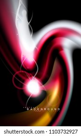 Color shiny light effects on black, liquid style multicolored wavy shape. Artistic illustration for presentation, app wallpaper, banner or poster, geometric design