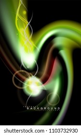Los efectos de la luz brillante de color sobre la forma ondulada de color negro y líquido. Ilustración artística para presentación, fondo de pantalla de aplicación, pancarta o afiche, diseño geométrico