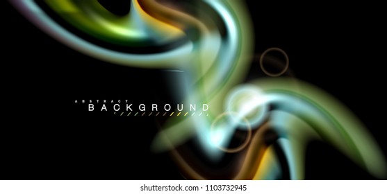 Color shiny light effects on black, liquid style multicolored wavy shape. Artistic illustration for presentation, app wallpaper, banner or poster, geometric design