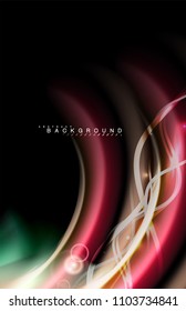 Los efectos de la luz brillante de color sobre la forma ondulada de color negro y líquido. Ilustración artística para presentación, fondo de pantalla de aplicación, pancarta o afiche, diseño geométrico