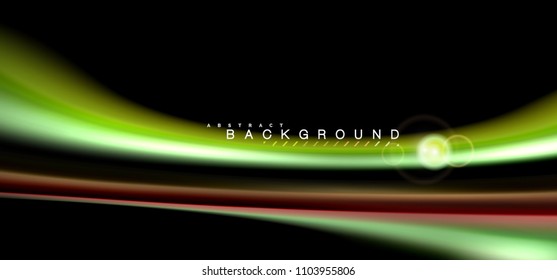 Los efectos de la luz brillante de color sobre la forma ondulada de color negro y líquido. Ilustración artística para presentación, fondo de pantalla de aplicación, pancarta o afiche, diseño geométrico
