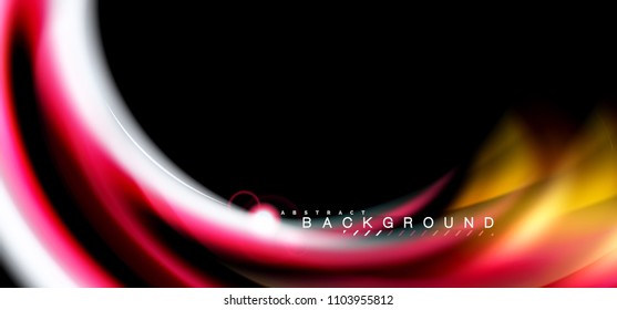 Color shiny light effects on black, liquid style multicolored wavy shape. Artistic illustration for presentation, app wallpaper, banner or poster, geometric design