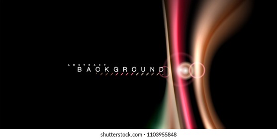 Los efectos de la luz brillante de color sobre la forma ondulada de color negro y líquido. Ilustración artística para presentación, fondo de pantalla de aplicación, pancarta o afiche, diseño geométrico