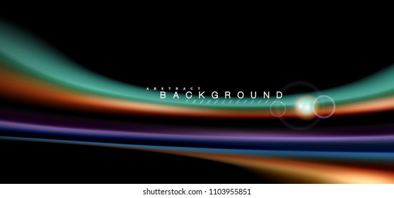 Los efectos de la luz brillante de color sobre la forma ondulada de color negro y líquido. Ilustración artística para presentación, fondo de pantalla de aplicación, pancarta o afiche, diseño geométrico