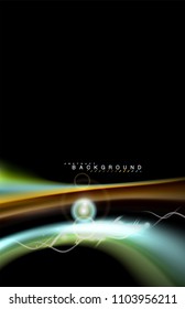 Los efectos de la luz brillante de color sobre la forma ondulada de color negro y líquido. Ilustración artística para presentación, fondo de pantalla de aplicación, pancarta o afiche, diseño geométrico
