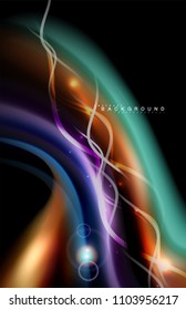 Color shiny light effects on black, liquid style multicolored wavy shape. Artistic illustration for presentation, app wallpaper, banner or poster, geometric design