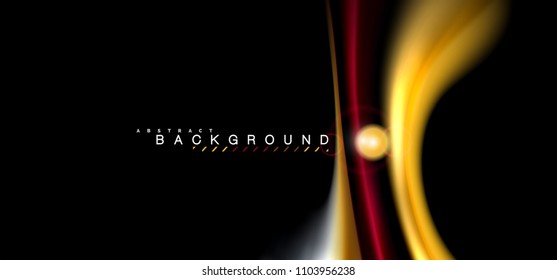Los efectos de la luz brillante de color sobre la forma ondulada de color negro y líquido. Ilustración artística para presentación, fondo de pantalla de aplicación, pancarta o afiche, diseño geométrico