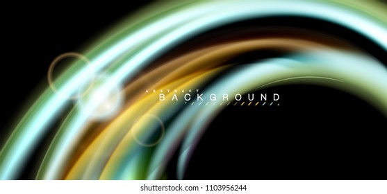 Color shiny light effects on black, liquid style multicolored wavy shape. Artistic illustration for presentation, app wallpaper, banner or poster, geometric design