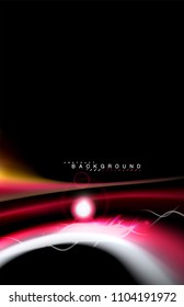 Los efectos de la luz brillante de color sobre la forma ondulada de color negro y líquido. Ilustración artística para presentación, fondo de pantalla de aplicación, pancarta o afiche, diseño geométrico