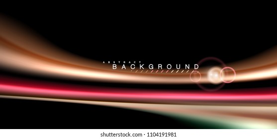 Color shiny light effects on black, liquid style multicolored wavy shape. Artistic illustration for presentation, app wallpaper, banner or poster, geometric design
