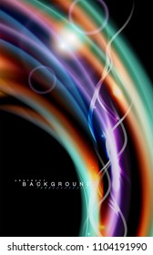 Los efectos de la luz brillante de color sobre la forma ondulada de color negro y líquido. Ilustración artística para presentación, fondo de pantalla de aplicación, pancarta o afiche, diseño geométrico
