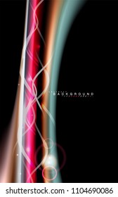 Farbglänzende Lichteffekte auf schwarz, flüssig-farbige, gewellte Form. Künstliche Illustration für Präsentationen, App-Bildschirmhintergrund, Banner oder Poster, geometrisches Design