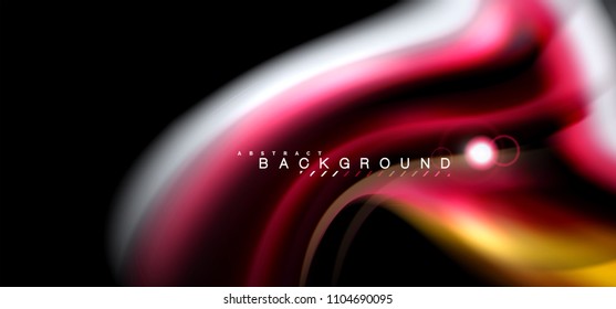 Color shiny light effects on black, liquid style multicolored wavy shape. Artistic illustration for presentation, app wallpaper, banner or poster, geometric design