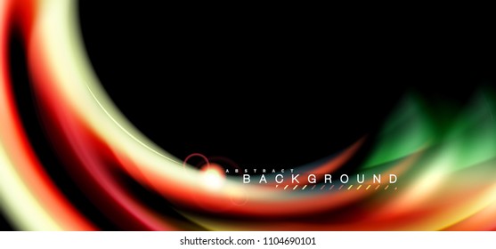 Color shiny light effects on black, liquid style multicolored wavy shape. Artistic illustration for presentation, app wallpaper, banner or poster, geometric design