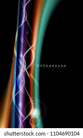 Color shiny light effects on black, liquid style multicolored wavy shape. Artistic illustration for presentation, app wallpaper, banner or poster, geometric design