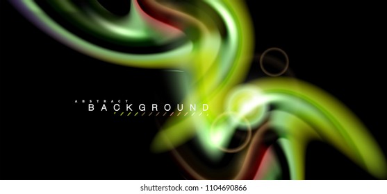 Color shiny light effects on black, liquid style multicolored wavy shape. Artistic illustration for presentation, app wallpaper, banner or poster, geometric design