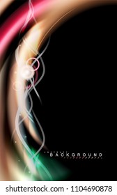 Color shiny light effects on black, liquid style multicolored wavy shape. Artistic illustration for presentation, app wallpaper, banner or poster, geometric design