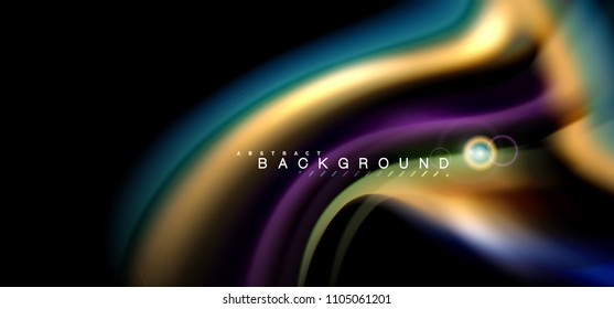 Efeitos de luz brilhante de cor na forma ondulada multicolorida de estilo líquido e preto. Ilustração artística para apresentação, papel de parede do aplicativo, banner ou cartaz, design geométrico
