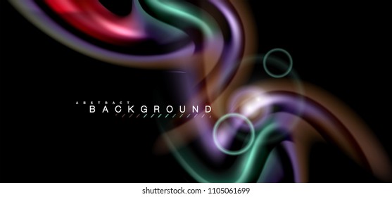 Los efectos de la luz brillante de color sobre la forma ondulada de color negro y líquido. Ilustración artística para presentación, fondo de pantalla de aplicación, pancarta o afiche, diseño geométrico