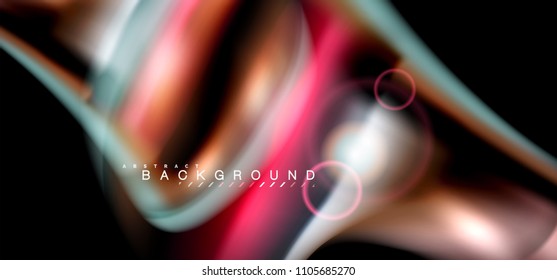Color shiny light effects on black, liquid style multicolored wavy shape. Artistic illustration for presentation, app wallpaper, banner or poster, geometric design