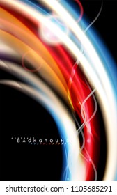 Color shiny light effects on black, liquid style multicolored wavy shape. Artistic illustration for presentation, app wallpaper, banner or poster, geometric design