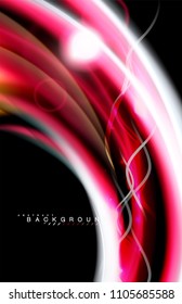 Color shiny light effects on black, liquid style multicolored wavy shape. Artistic illustration for presentation, app wallpaper, banner or poster, geometric design