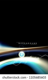 Color shiny light effects on black, liquid style multicolored wavy shape. Artistic illustration for presentation, app wallpaper, banner or poster, geometric design