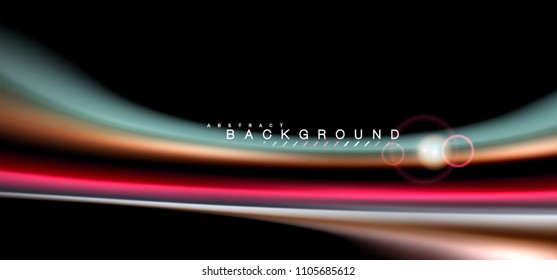 Color shiny light effects on black, liquid style multicolored wavy shape. Artistic illustration for presentation, app wallpaper, banner or poster, geometric design