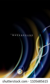 Los efectos de la luz brillante de color sobre la forma ondulada de color negro y líquido. Ilustración artística para presentación, fondo de pantalla de aplicación, pancarta o afiche, diseño geométrico