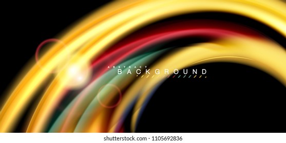 Color shiny light effects on black, liquid style multicolored wavy shape. Artistic illustration for presentation, app wallpaper, banner or poster, geometric design