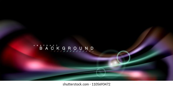 Los efectos de la luz brillante de color sobre la forma ondulada de color negro y líquido. Ilustración artística para presentación, fondo de pantalla de aplicación, pancarta o afiche, diseño geométrico