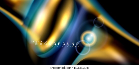 Color shiny light effects on black, liquid style multicolored wavy shape. Artistic illustration for presentation, app wallpaper, banner or poster, geometric design