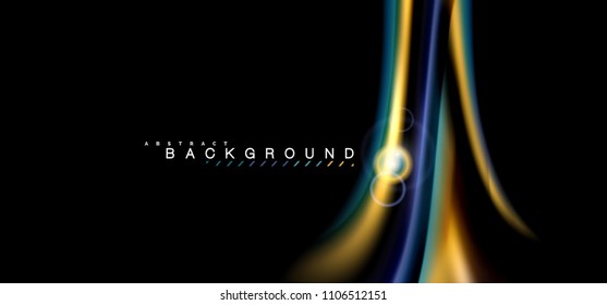 Farbglänzende Lichteffekte auf schwarz, flüssig-farbige, gewellte Form. Künstliche Illustration für Präsentationen, App-Bildschirmhintergrund, Banner oder Poster, geometrisches Design