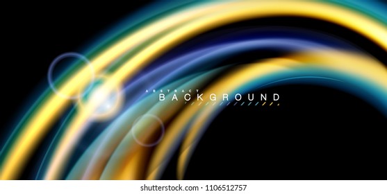 Color shiny light effects on black, liquid style multicolored wavy shape. Artistic illustration for presentation, app wallpaper, banner or poster, geometric design
