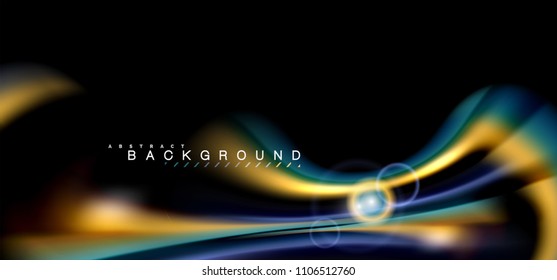 Los efectos de la luz brillante de color sobre la forma ondulada de color negro y líquido. Ilustración artística para presentación, fondo de pantalla de aplicación, pancarta o afiche, diseño geométrico