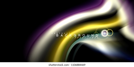 Los efectos de la luz brillante de color sobre la forma ondulada de color negro y líquido. Ilustración artística para presentación, fondo de pantalla de aplicación, pancarta o afiche, diseño geométrico